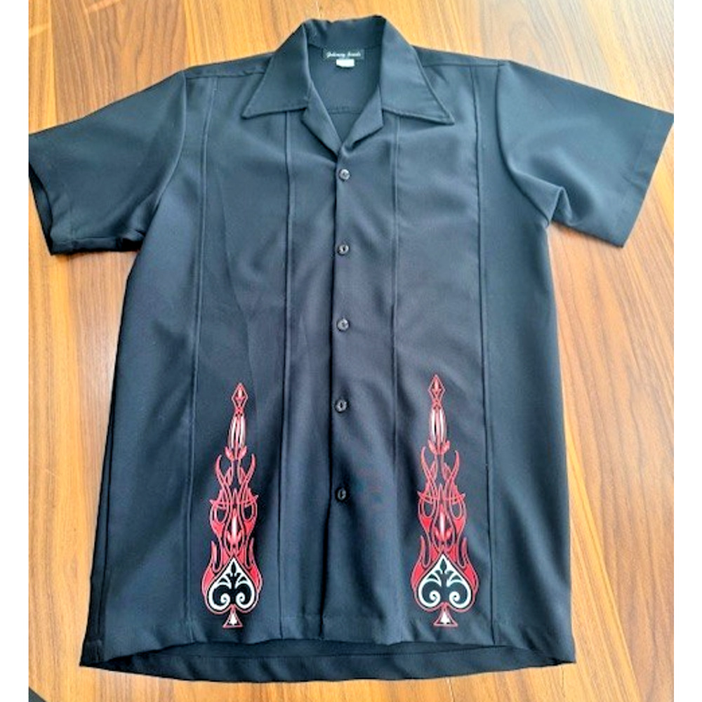 Johnny Suede Black Ace of Spades Red FLAMES Bowling Casual Shirt XL Made n USA